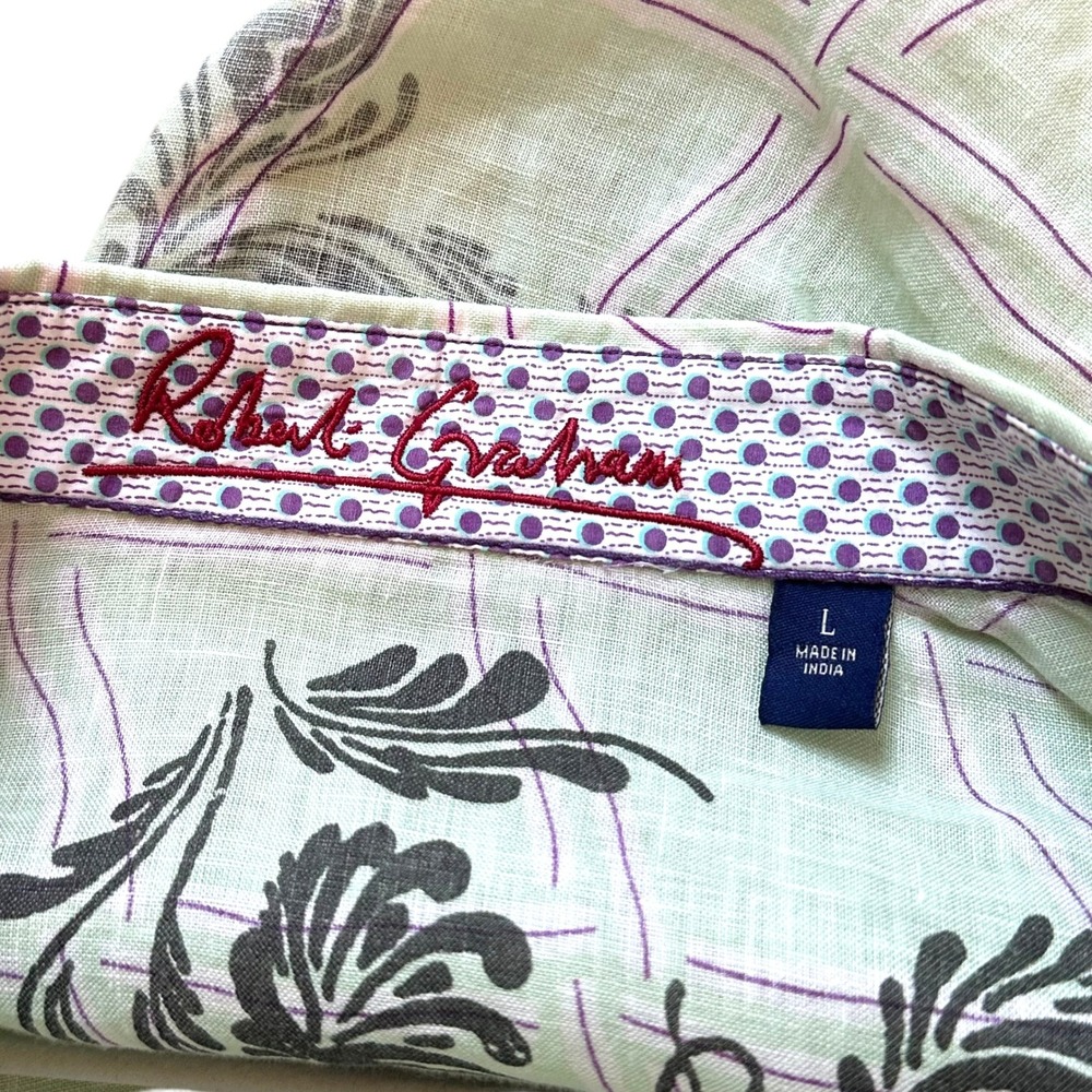 Robert Graham Embroidered Linen Blend Button Down Shirt Green Purple Mens Large - Picture 13 of 15